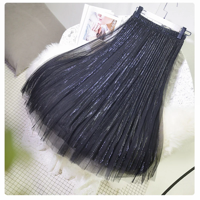 Black Silver Women's 3 Layer Bright Tulle Skirt Ladies Korean High Waist Shining Tutu Skirt Pleated Mesh Midi Skirts Faldas Autumn - Цвет: Black Silver