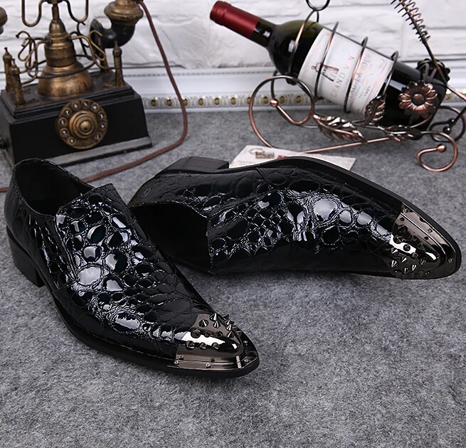Western Style Pointed Metal Toe Men Dress Shoes Slip On Oxford For Snakeskin Pattern Zapatos Hombre Flat Chaussures | Обувь