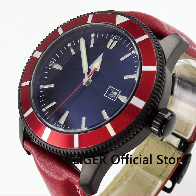 BLIGER 46MM Black Sterile Dial Red Rotating Bezel Small Second Hand Men's Watch Automatic Movement Wristwatch Luminous 128 |