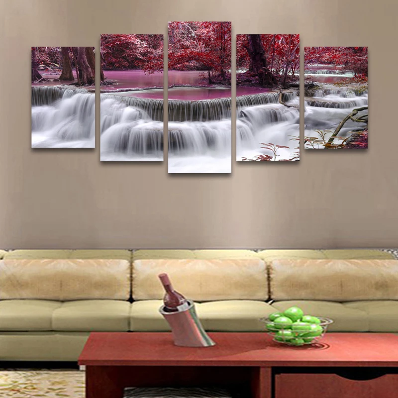 Куадрос водопад 5 самолет (без рамки) деревья холст живопись Wall Art украшение дома