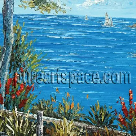 

Custom Palette knife beautiful Blue seaside landscape Trees Sailboat Oil Painting For Living Room Home Decor