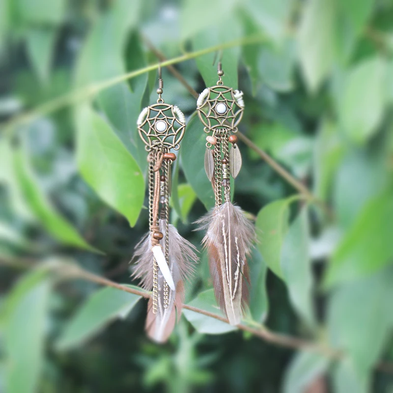 Длинные серьги Lucky Dreamcatcher в виде листьев пера индийские ретро серьги-подвески