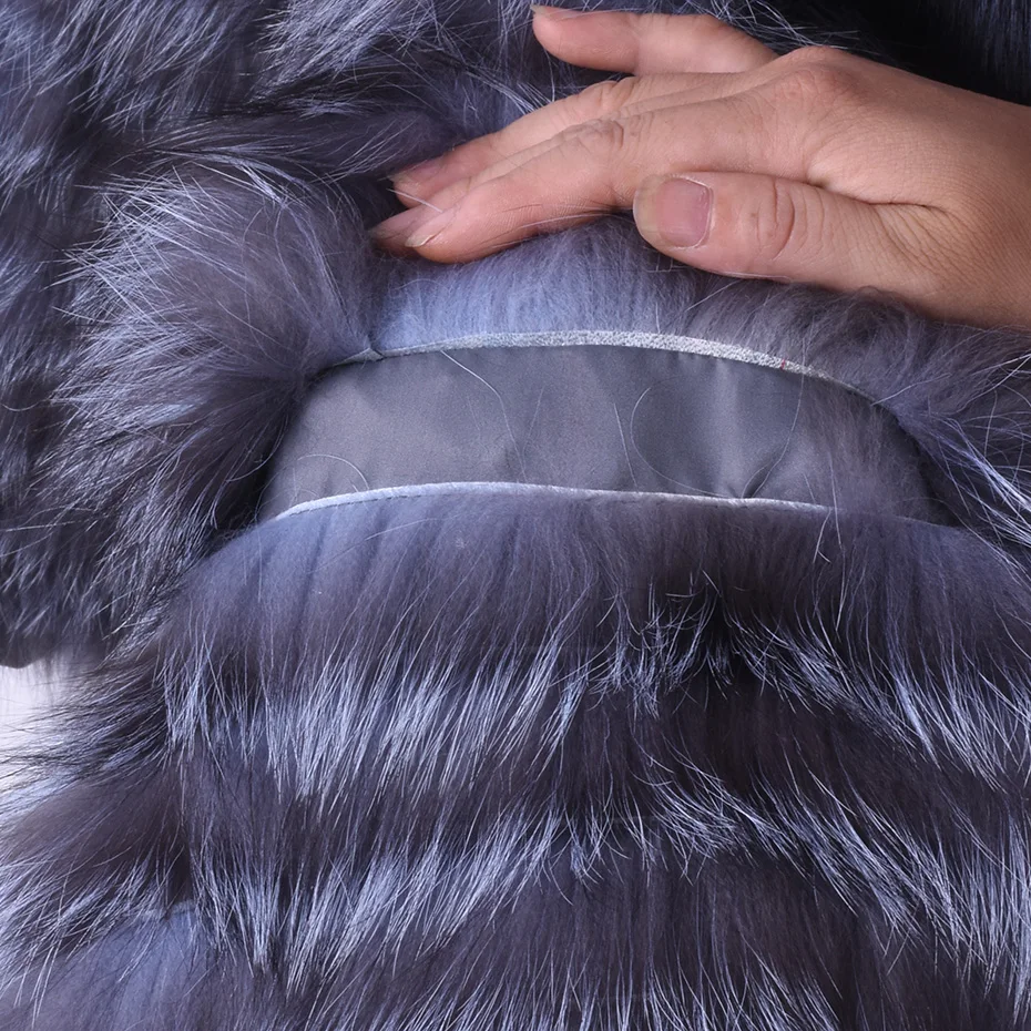 2018 Natural Woman Winter Real Silver Fox Fur Long Striped Coat 90 cm Coat Jacket Leisure Fox Hair Collar Women's Warm Clothing