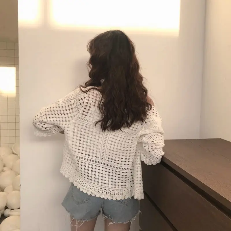 Женская Короткая шаль Повседневная тонкая вязаная блузка и топ для защиты от