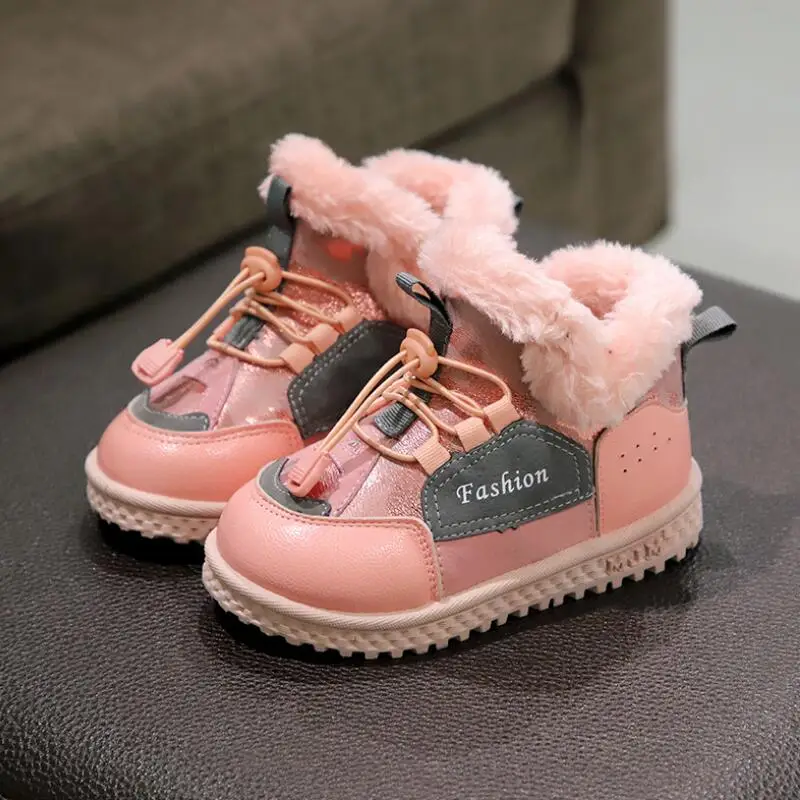 Children Shoes Kids Snow Boots Brand Winter Plush Bay Girls Snow Boot Warm Shoes Leather Toddler Boys Boots Fur - Цвет: Розовый