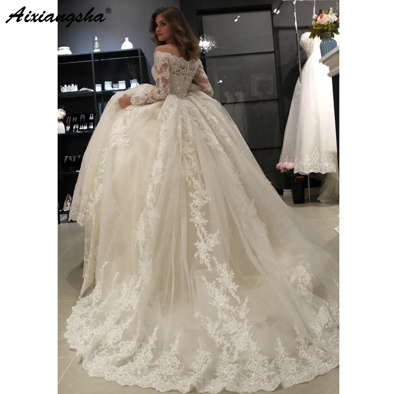 Vestido De Noiva мусульманское свадебное платье бальное платье без бретелек с длинным рукавом Кружевное Дубай арабское свадебное платье цвета слоновой кости платье невесты
