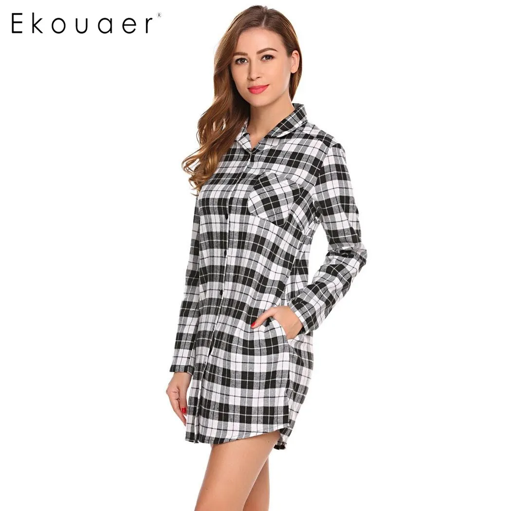 Женская ночная рубашка с длинным рукавом Ekouaer клетчатая Ночная на пуговицах для