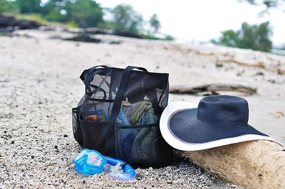 

Outdoors Zip Top Mesh Beach Bag Large Black Tote Bag with Handles, Inside Zippered Pocket, Spring Clip, 8 Big Outside Pockets