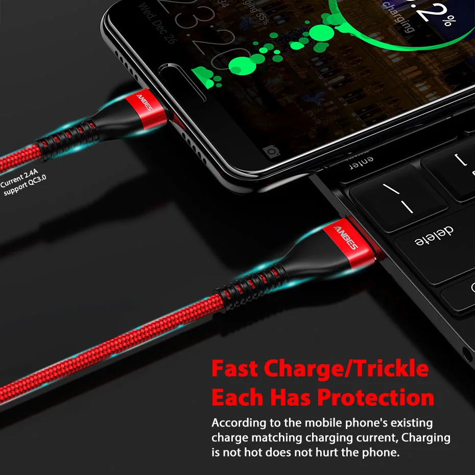 Anbes Micro USB Cable Type C for xiaomi redmi note 7 Mobile Phone Fast Charging USB-C Samsung Galaxy S9 S8 | Мобильные телефоны и