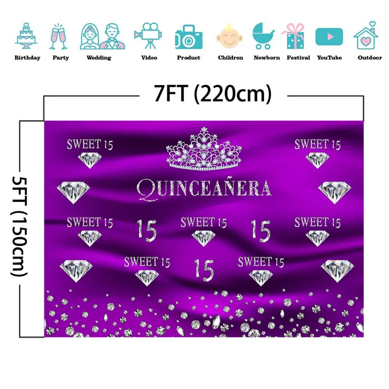 Neoback Quinceanera фиолетовый фон сладкий 15 день рождения фотографии задний план украшения баннер алмаз для взрослых церемония