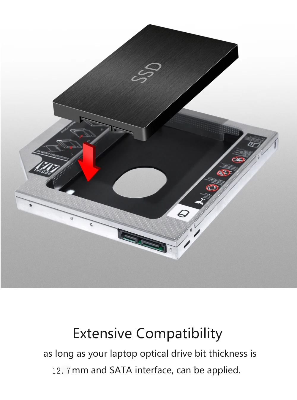 Sunvalley алюминиевый сплав 12,7 мм 2nd HDD Caddy SATA To SATA 3,0 для ноутбука DVD/CD-ROM Оптический отсек 2," HDD SSD чехол 10 шт
