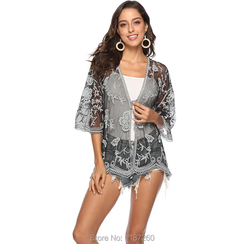 BOHOFREE плюс Размеры Sheer крючком цветок кружева кимоно Blusas 3/4 рукав на шнуровке