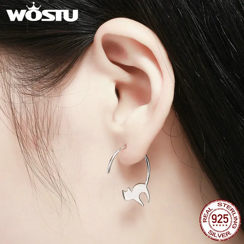Женские серьги гвоздики WOSTU из 100% стерлингового серебра 925 пробы с милым котом для
