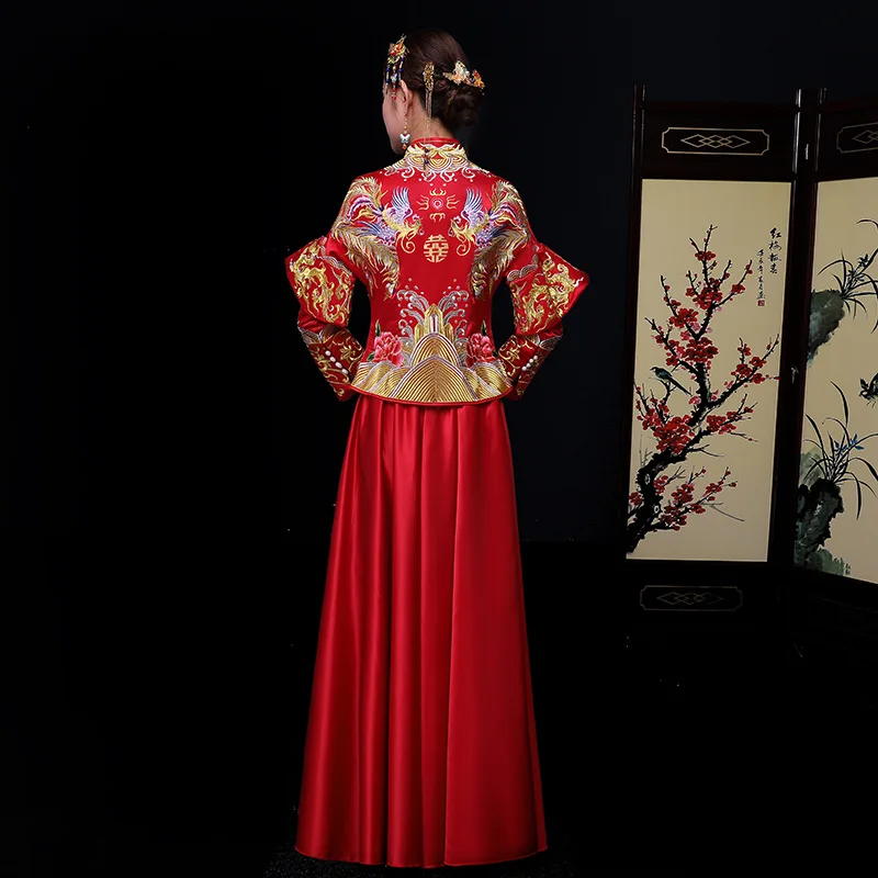 

New Chinese style formal dress royal phoenix wedding cheongsam costume red bride vintage Chinese traditional Tang suit Qipao