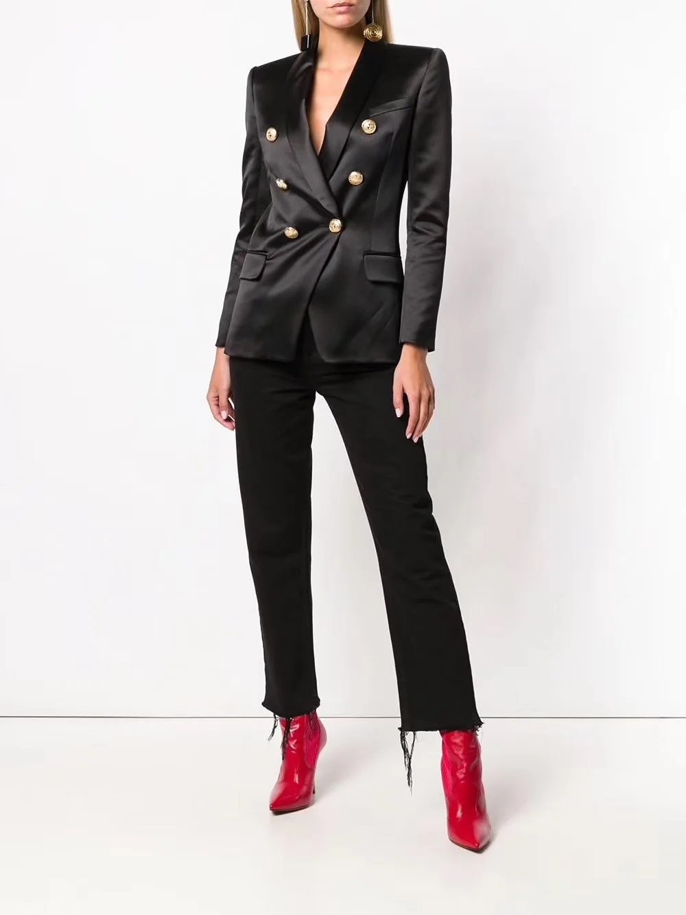 Женский двубортный Блейзер белый черный атласный пиджак с воротником шалью и