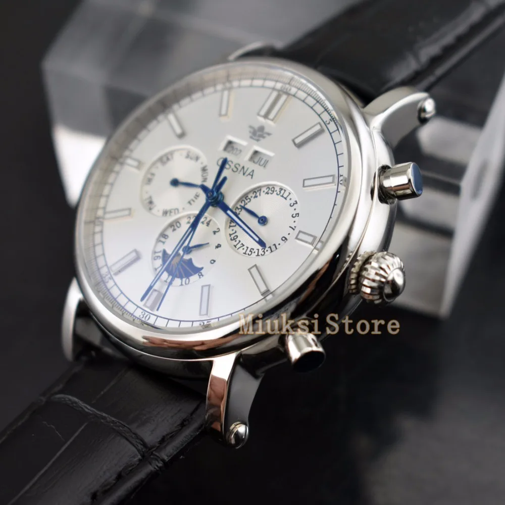 Luxury Fashion Brand OSSNA 42mm Silver White Automatic Date and Day Classic Leather Men's Machinery Watch Gift | Наручные часы
