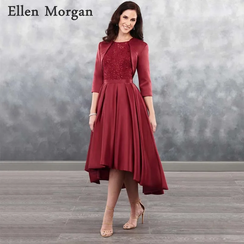 

Атласное платье для матери невесты, Бордовое платье с жакетом, ТРАПЕЦИЕВИДНОЕ атласное кружевное платье с бисером для свадебной вечеринки, ...