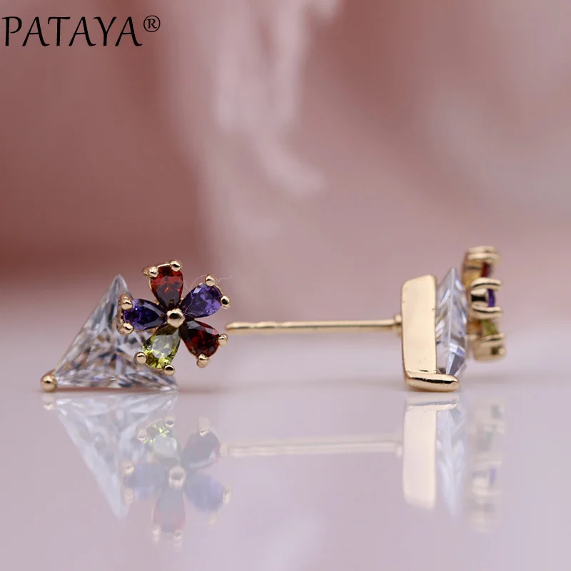 Новые Белые треугольные серьги-гвоздики PATAYA 585, розовое золото, Разноцветные серьги в форме капли воды, натуральный циркон, женские модные ювелирные изделия, простые серьги