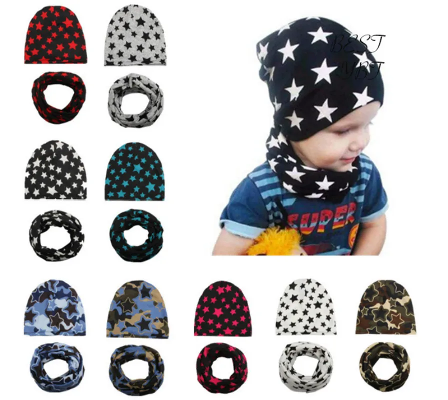 

Fashion European American Style Lovely Boy's Cotton Five Star Print Hat with Print Scarf Set