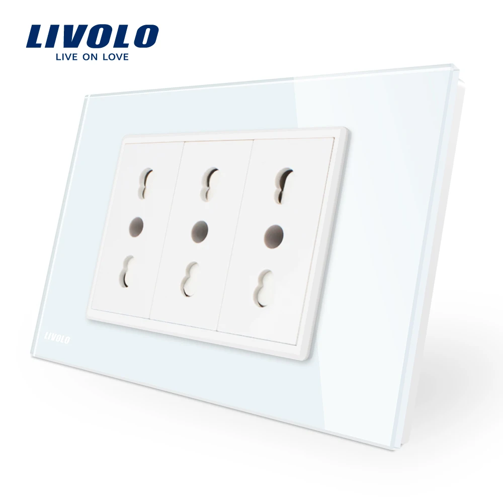 Livolo Италия Стандартный 3 булавки гнездо, белый кристалл стекло, 16A, 250 В, стены Powerpoints с вилкой VL-C9C3IT-11