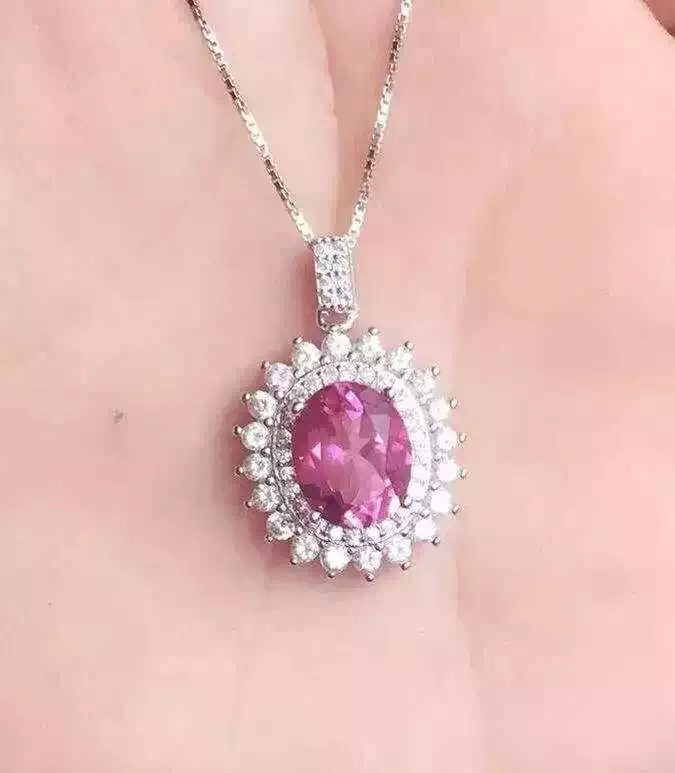 

natural pink topaz pendant S925 silver Natural gemstone Pendant Necklace trendy Elegant big Circular women party fine jewelry