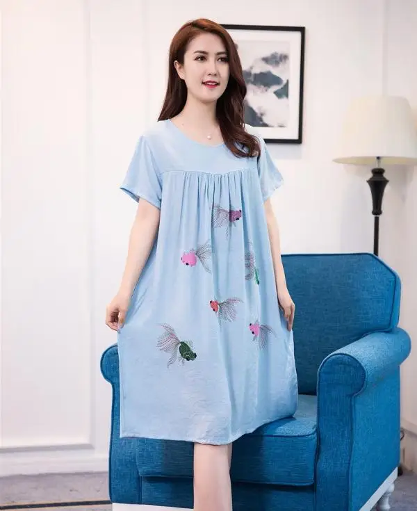 light blue 2 Летние новые женские пижамы с круглым вырезом удобные с короткими рукавами ночная рубашка Свободные хлопчатобумажные рубашки пижамы плюс размер - Цвет: light blue 2