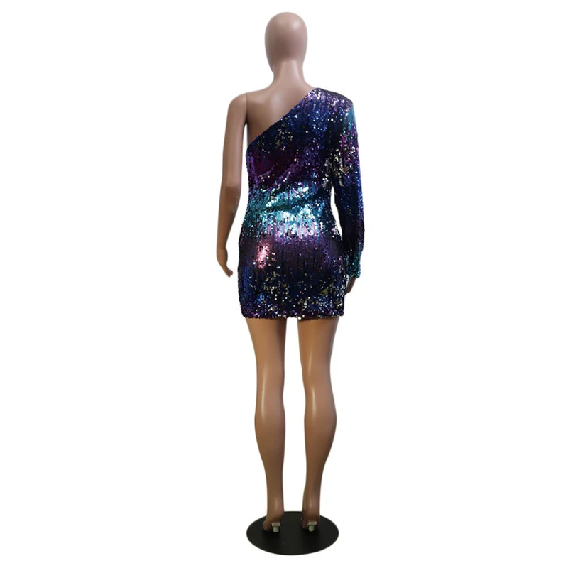 Adogirl разноцветные Блестки одно плечо Bodycon платье Для женщин с длинным рукавом