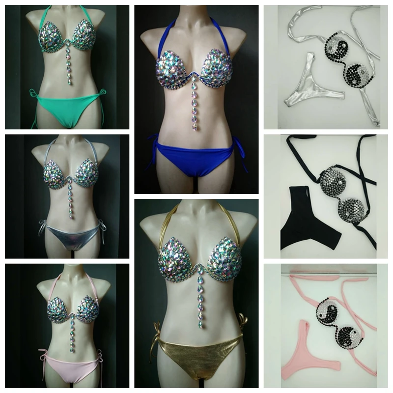 2018 Women Sexy Summer green blue silver pink gold silver-white light-pink Two 2 PIeces Beads Bodysuit Swimwear Spaghetti Strap
