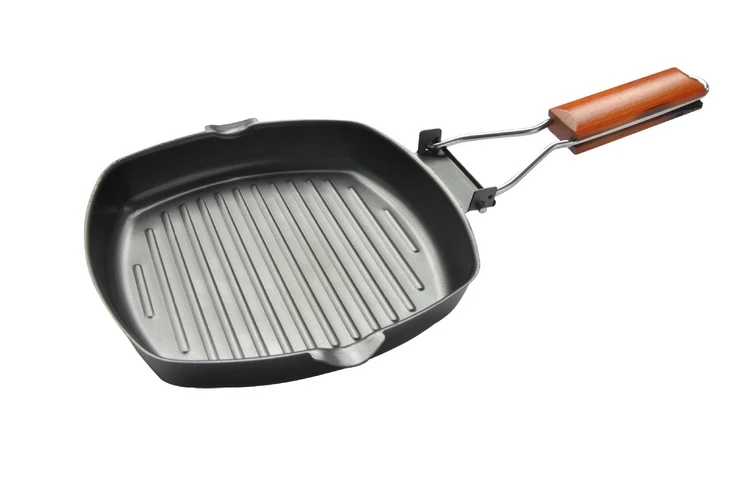 

20-28cm Non-sticky Cast Iron Steak Frying Pan Wooden Handle Folding Portable Square Grill Pan Free Shipping