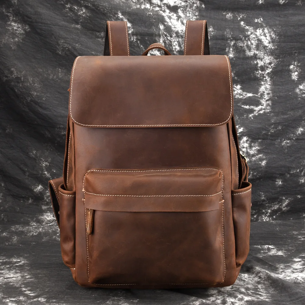 

High Quality Oil Wax Cowhide Backpack School Daypack Large Capacity Book Bag Male Travel Knapsack Genuine Leather Men Rucksack
