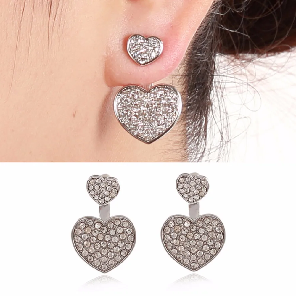 1 пара модные маленькие и большие сердце кристалл Стразы сзади спереди Серьги уха