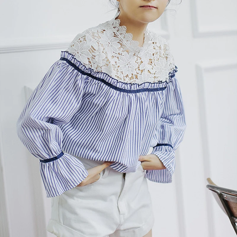 Весенние кружевные оборки с длинным рукавом синий белый полосатый хлопок
