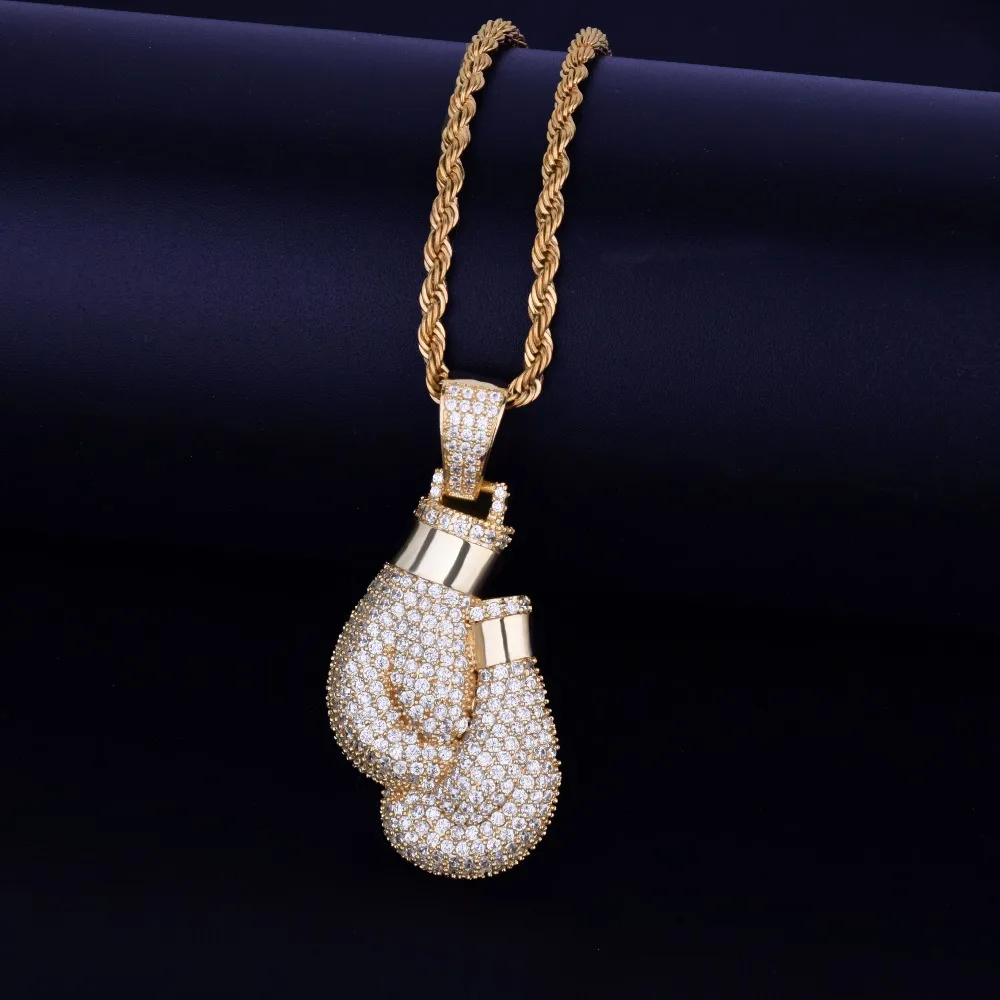 Bling Boxing Gloves Pendant Necklace& Pendant Charm Free Rope Chain Gold Color Iced Out Cubic Zircon Men's Hip hop Jewelry
