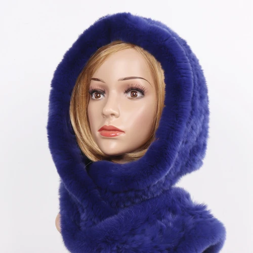 ROYAL BLUE Новинка, Зимняя женская шапка из натурального меха+ шарфы, Женский вязаный натуральный мех кролика Рекс, шарфы с капюшоном, теплые вязаные шапки из натурального меха, шарф - Цвет: ROYAL BLUE