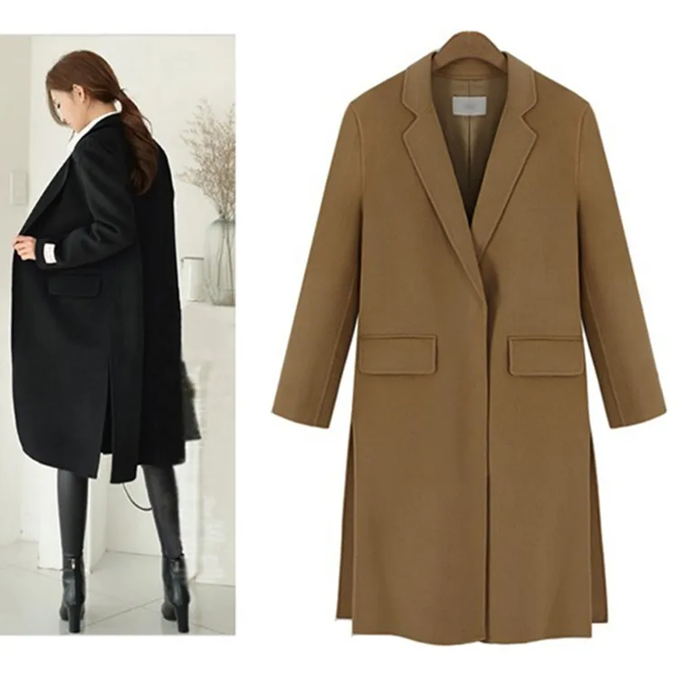 

Fashion Side Slit Turn-down Collar Medium Long Women Woolen Jacket