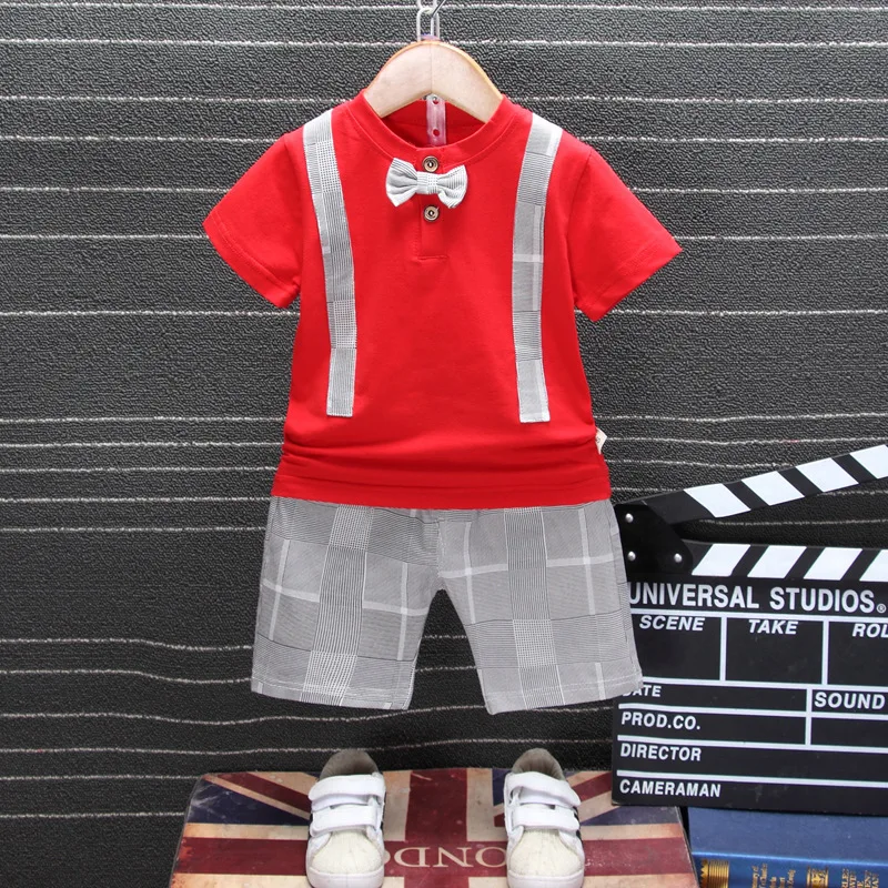 Blue Summer Casual Boys Sets Version Children's Short Sleeve T-shirts and Shorts Baby Bow Tie Strap Two-piece | Детская одежда и