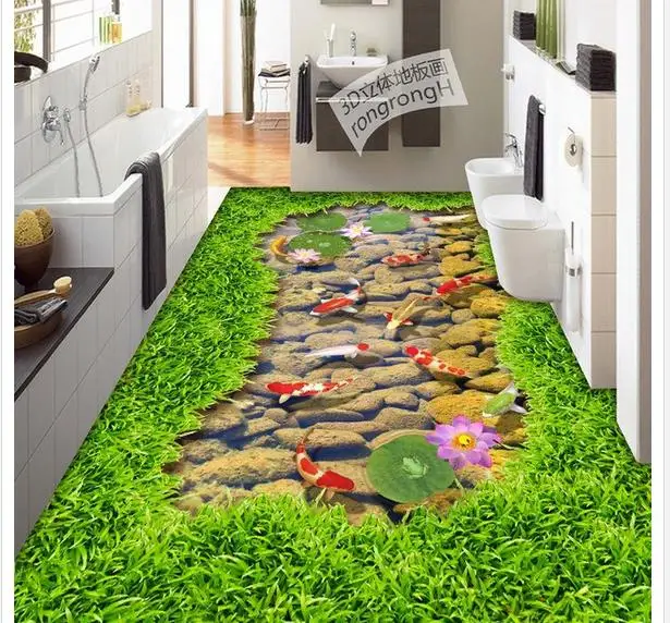 3d трава для покрытия пола крик Карп Лотос 3D пол живопись водостойкие обои ванной