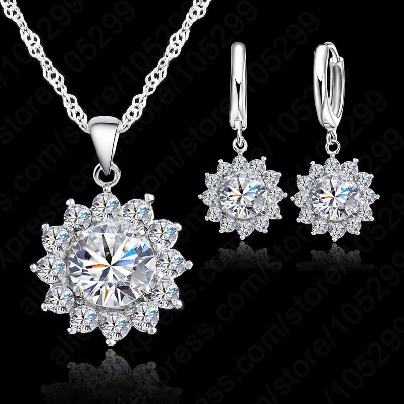 Цепочка с кулоном в виде цветка фианитом серебро 925 пробы|set sterling silver|jewelry set 925wedding