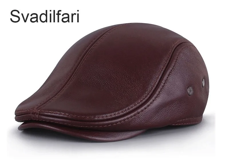 red brown Svadilfari, классические береты, мужские теплые шапки из натуральной кожи, ветрозащитная шапка-Утконос, бордовые зимние Роскошные брендовые плоские шапки - Цвет: red brown