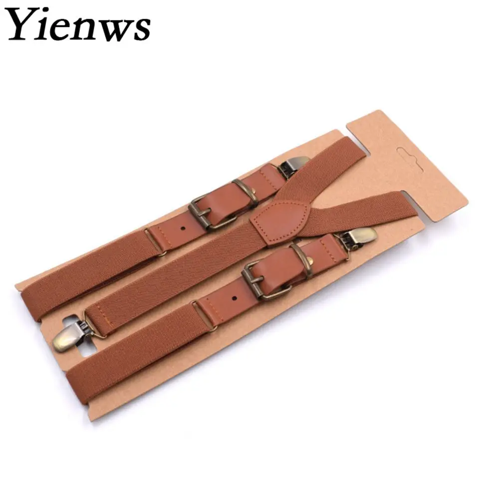 Yienws-Tirantes Vintage para hombre, tirantes de 3 clips para pantalones de cuero Pu, marrón, 115cm, Bretels Mannen YiA040