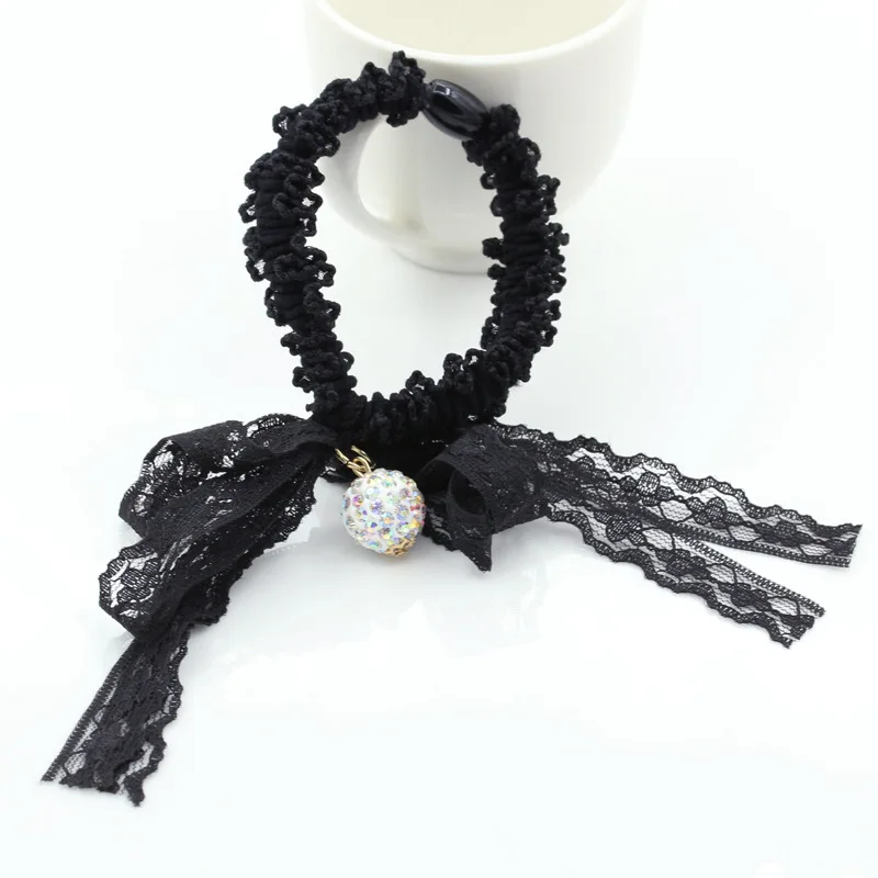 Черный кружевной тканевый бант складки эластичные резинки для волос держатель