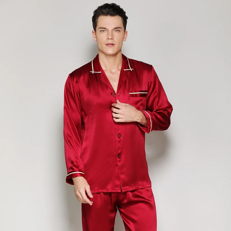 

Mens Silk Pajamas Sets Men 100% Silk Satin Pajamas Set Sleepwear Set Loungewear Robes man Spring silk red grey pajama sets L-2XL