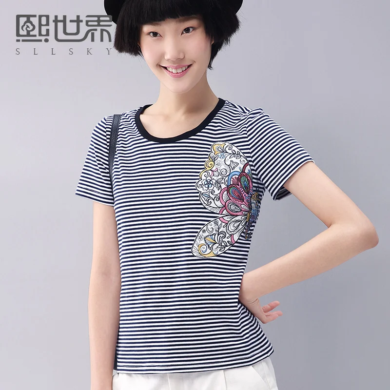 Striped T Shirt Femme Short Sleeve Tshirt Women 2017 Summer New Embroidery Casral Cotton O Neck Slim Tops 192ST154 | Женская одежда