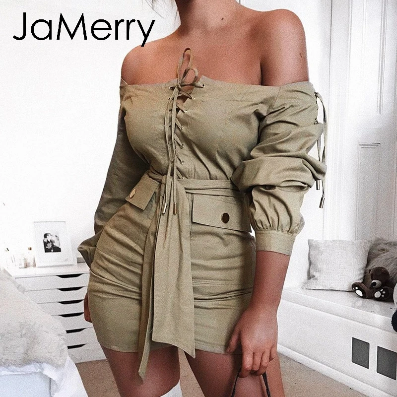 JaMerry Винтаж Сексуальная с плеча женщины хаки платье длинным рукавом bodycon Короткие