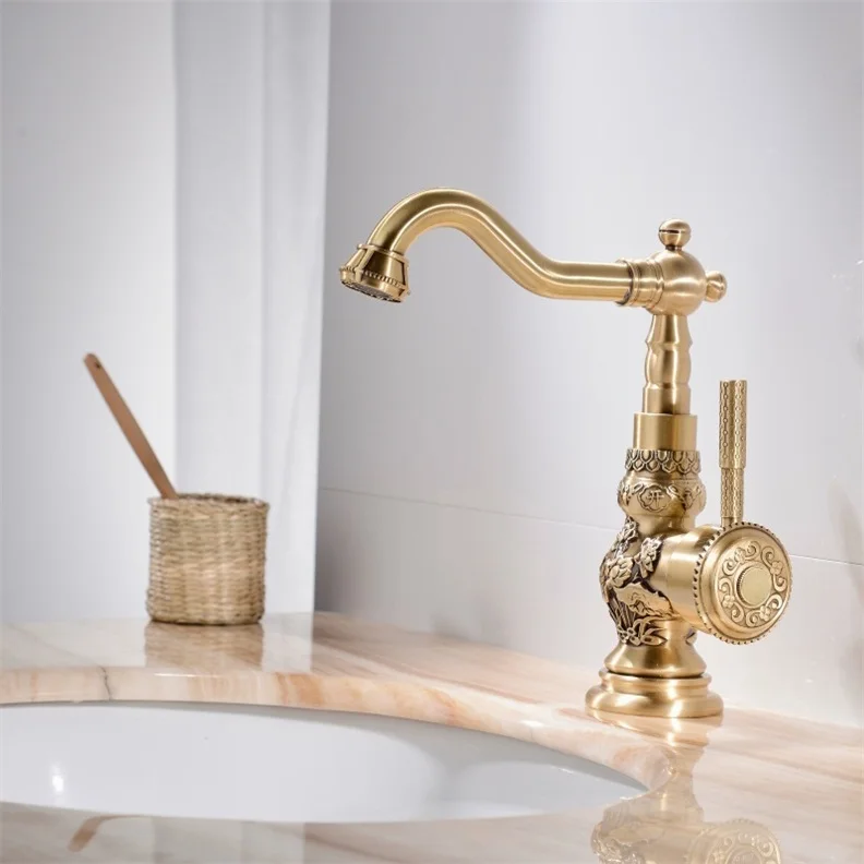 Short Brass Color Смесители для раковины на бортике с одной ручкой, смеситель для ванной комнаты, античный бронзовый кран, высокое качество, горячая и холодная вода, XT941 - Цвет: Short Brass Color