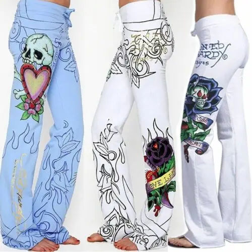 Harjauku High Waist Wide Leg Pant 2019 Summer Fashion Women Baggy Skull Rose Printed Pants Slim Hippie Boho Trousers Streetwear | Женская