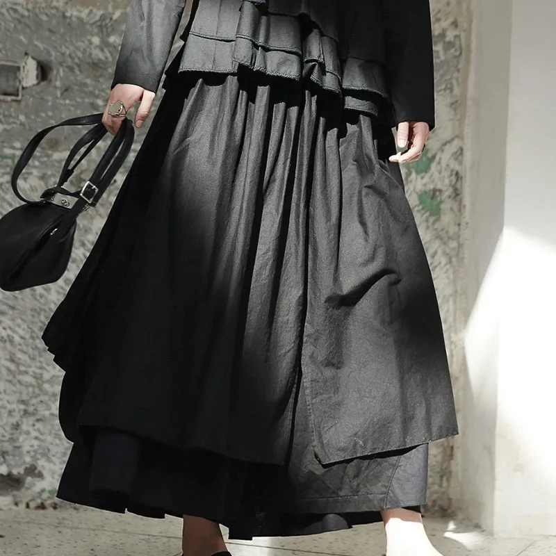 [DEAT] High Quality Spring Black Personality Multi-layered Split Asymmetrical Long Skirt Fashion New Women's LA91