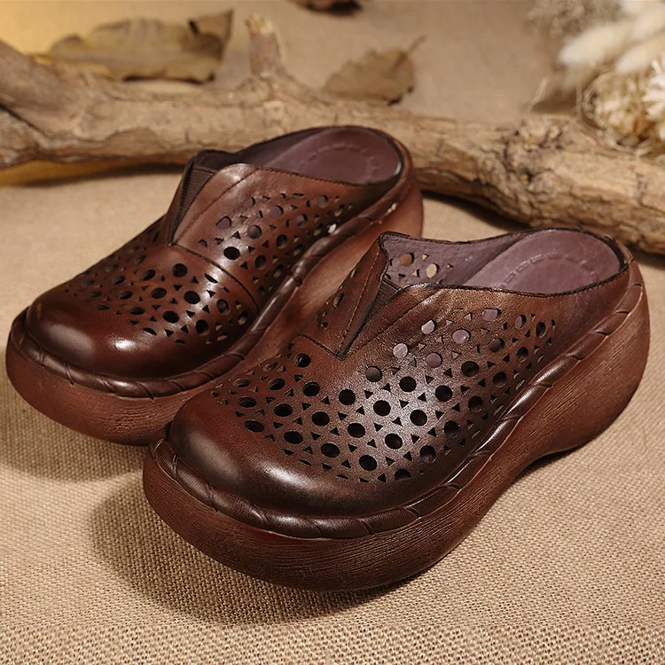 Красивые женские шлепанцы на платформе из натуральной кожи ручной работы