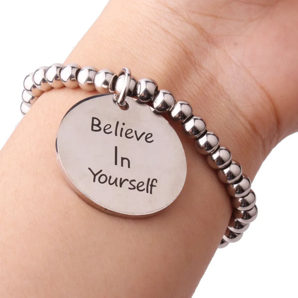 New Arrival Fashion Silver Stainless Steel Beaded Ball Handmade Bracelet &quotBelieve in Yourself&quot Round Charm 8mm7.5&quot | Украшения