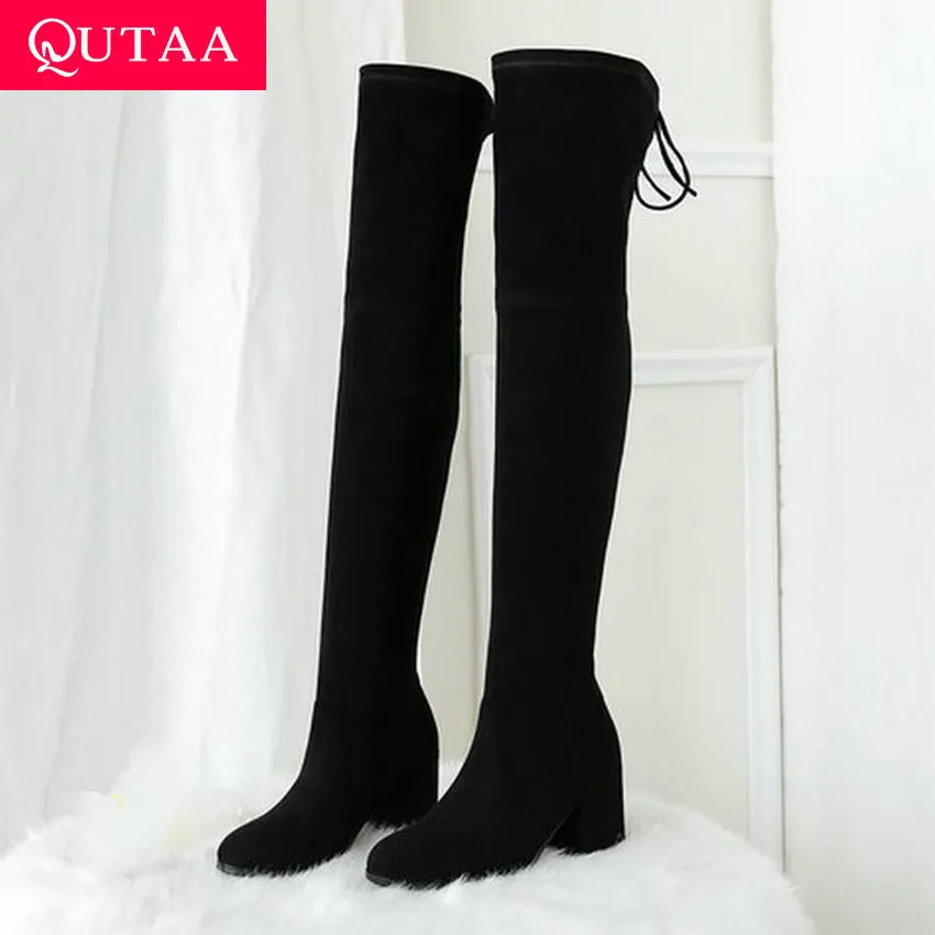 QUTAA Stretch Suede Women Over The Knee Boots Slip on Round Toe Square High Heel Lace Up Elegant Women Shoes Size 34-39